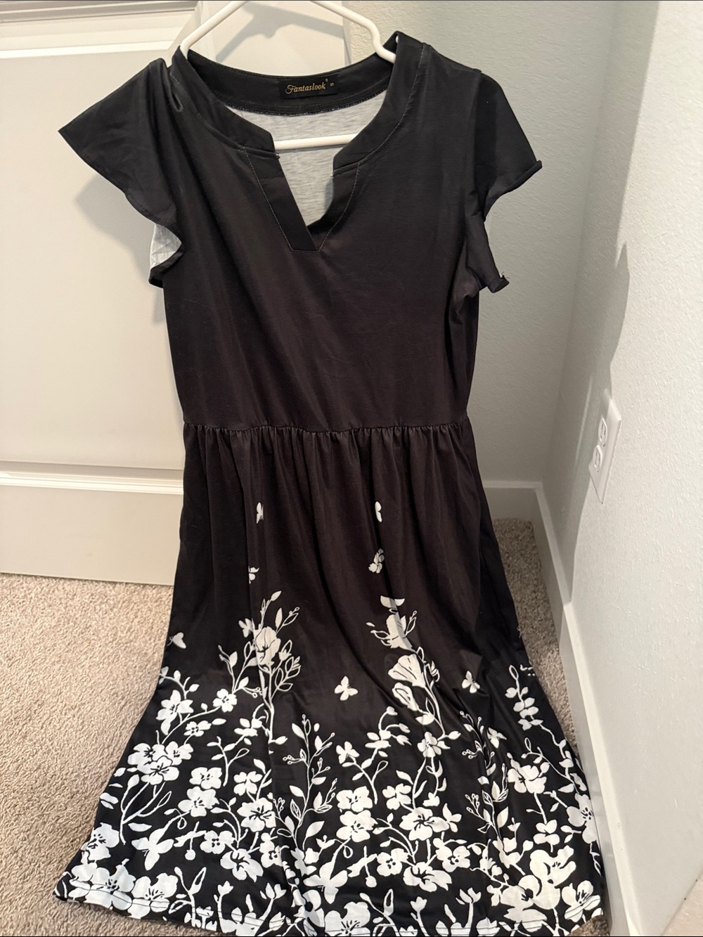 Amazon Black Midi Dress with White Floral Hem